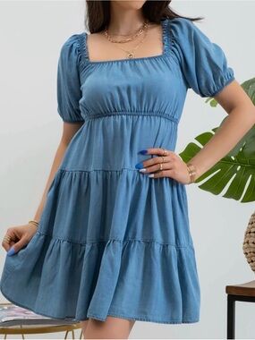 Blu Pepper Chambray Tiered Puff Sleeve Mini Dress Small